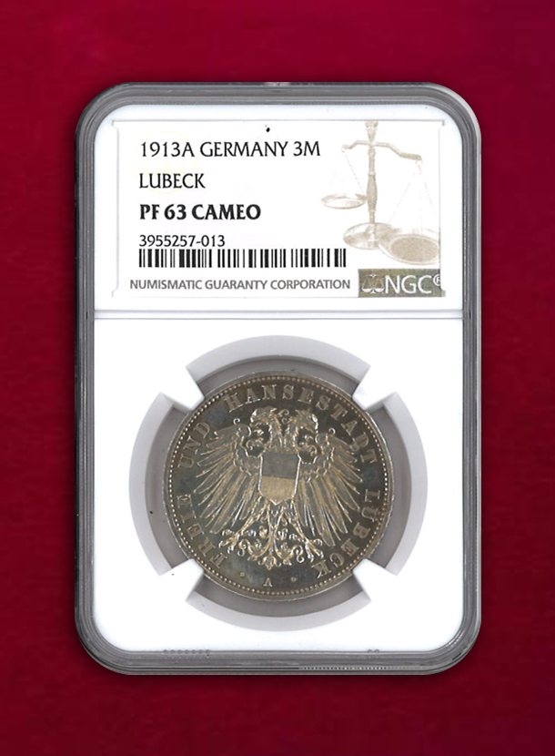 【ドイツ リューベック】3マルク銀貨　1913A　NGC PF63 CAMEO